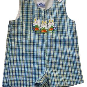 Bunny Romper Blue Multicolored Seersucker Fully Lined Outfit Size 18 Months